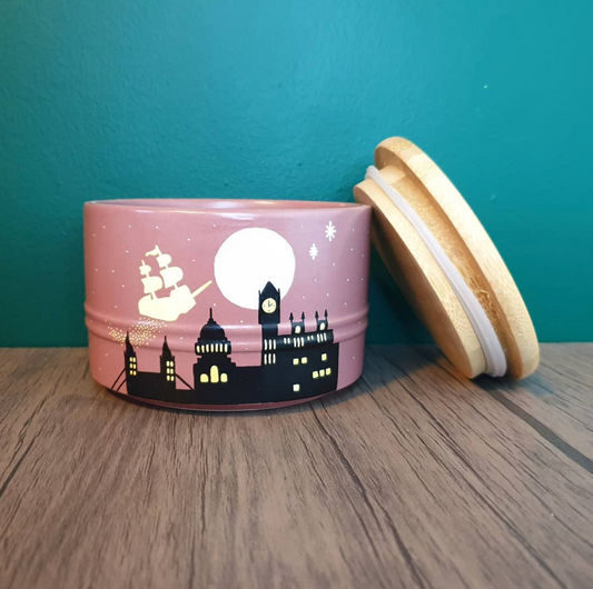 Pink 'Boat Flying Over London' Hand Painted Ceramic Storage Pot with Wooden Lid (76mm tall)