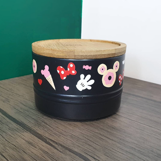 Black Sweet Mouse Hand Painted Ceramic Storage Pot with Wooden Lid (76mm tall)